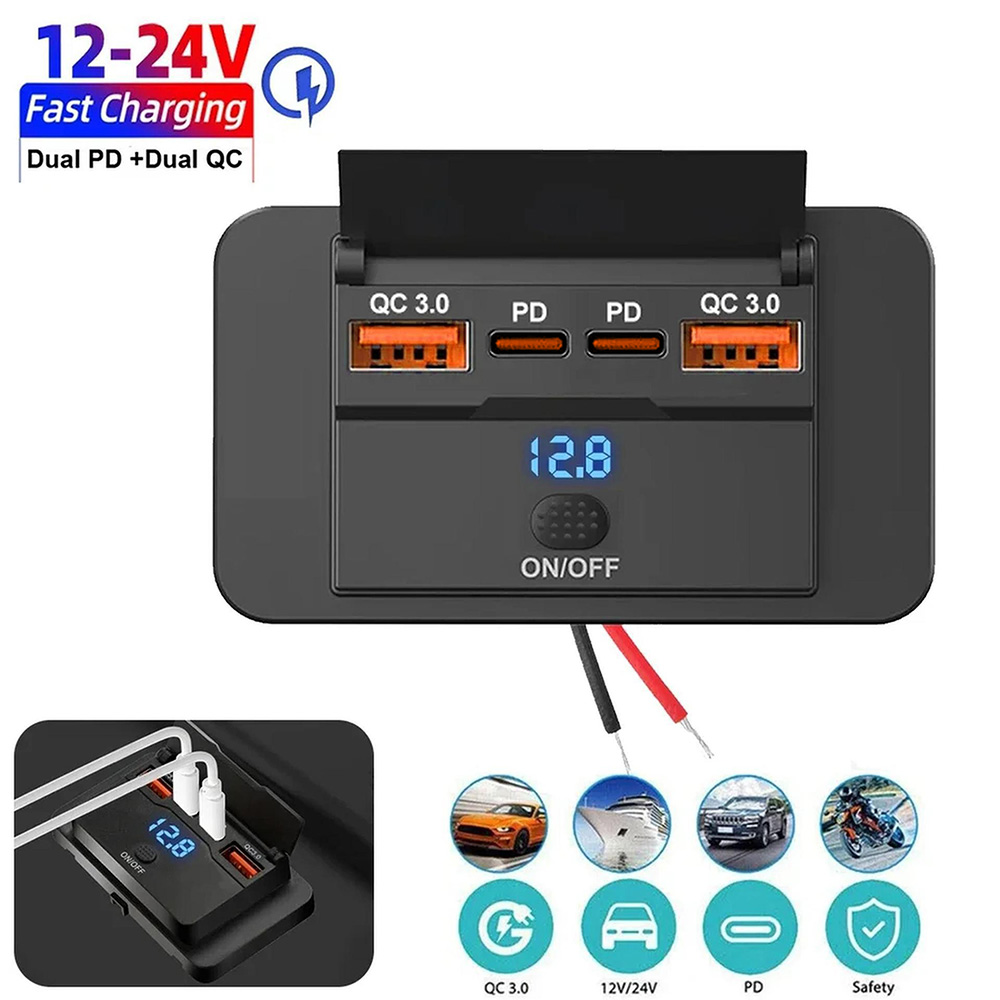 Car Accessories Thailand - อะแดปเตอร์ช่องเสียบเครื่องชาร์จในรถยนต์พร้อมสวิตช์ 4 พอร์ต 12V/24V PD QC3.0